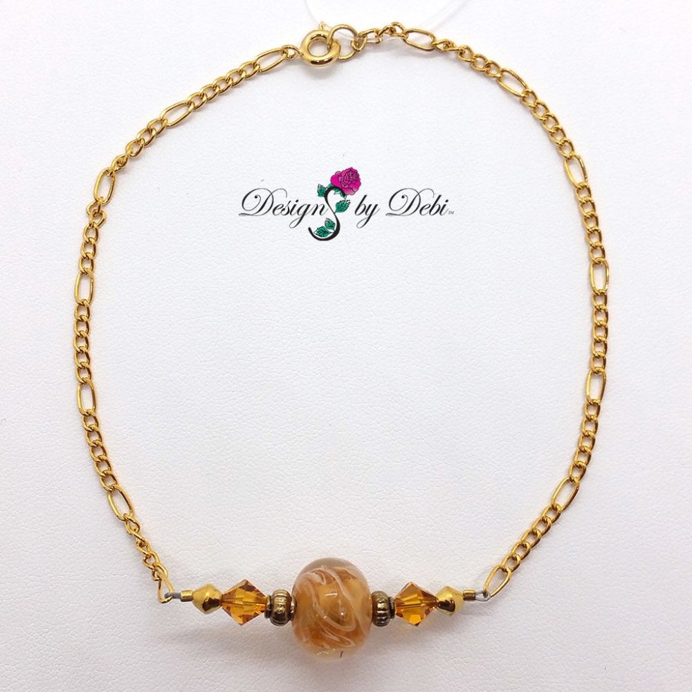 Caramel Swirled Glass & Topaz Crystal Gold Anklet
